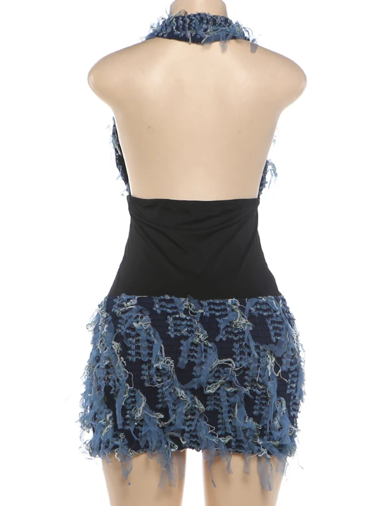 Weird Puss Mesh-Quasten-Dekoration Mini-Kleid Damen Sommer-Trend Neckholder Tiefer Ausschnitt Rückenfrei Ärmellos Tailliert Mode Bodycon – Detail 5