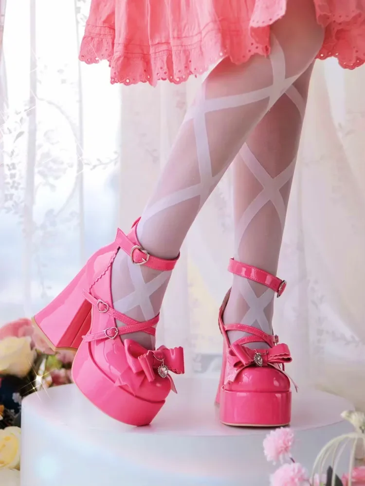 

Japanese Original Lolita Ladies Shoes Sweet Cute Round Toe High Heel Spring Summer Girls Bowknot Leather Heel Shoes Pumps Female
