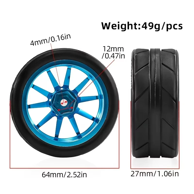 65mm RC Alloy Wheels & Rubber Tires 12mm Hex Hub For 1/10 Rally Racing Car Tamiya TT01 TT02 XV01 TA06 A959 PTG2 Upgrade Parts
