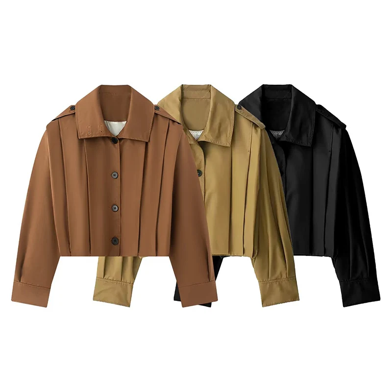Revers-Langarm-Plissee-Kurzmäntel für Damen, Street-Style, mit Umlegekragen, Epauletten, einreihige Jacken, schicke Damen-Oberbekleidung, neu – Detail 1