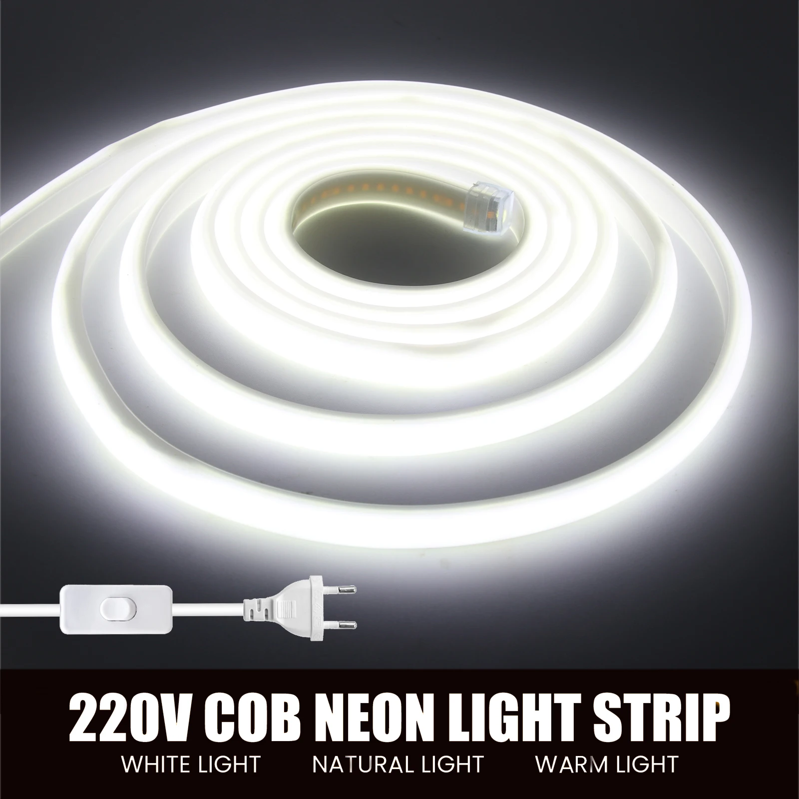 

AC 220V COB LED Strip Waterproof 288LEDs/M With EU/UK Switch Plug Home Garden Kitchen Room Decor Flexible Ribbon Tape Neon Light