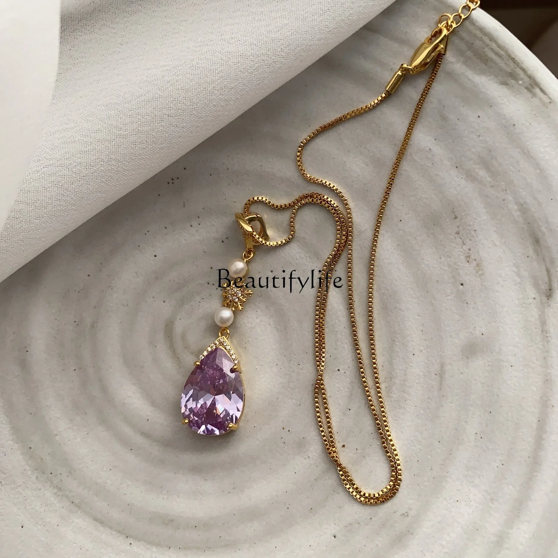 Multi-faceted cut natural pearl chain romantic limited purple super flash zircon love French