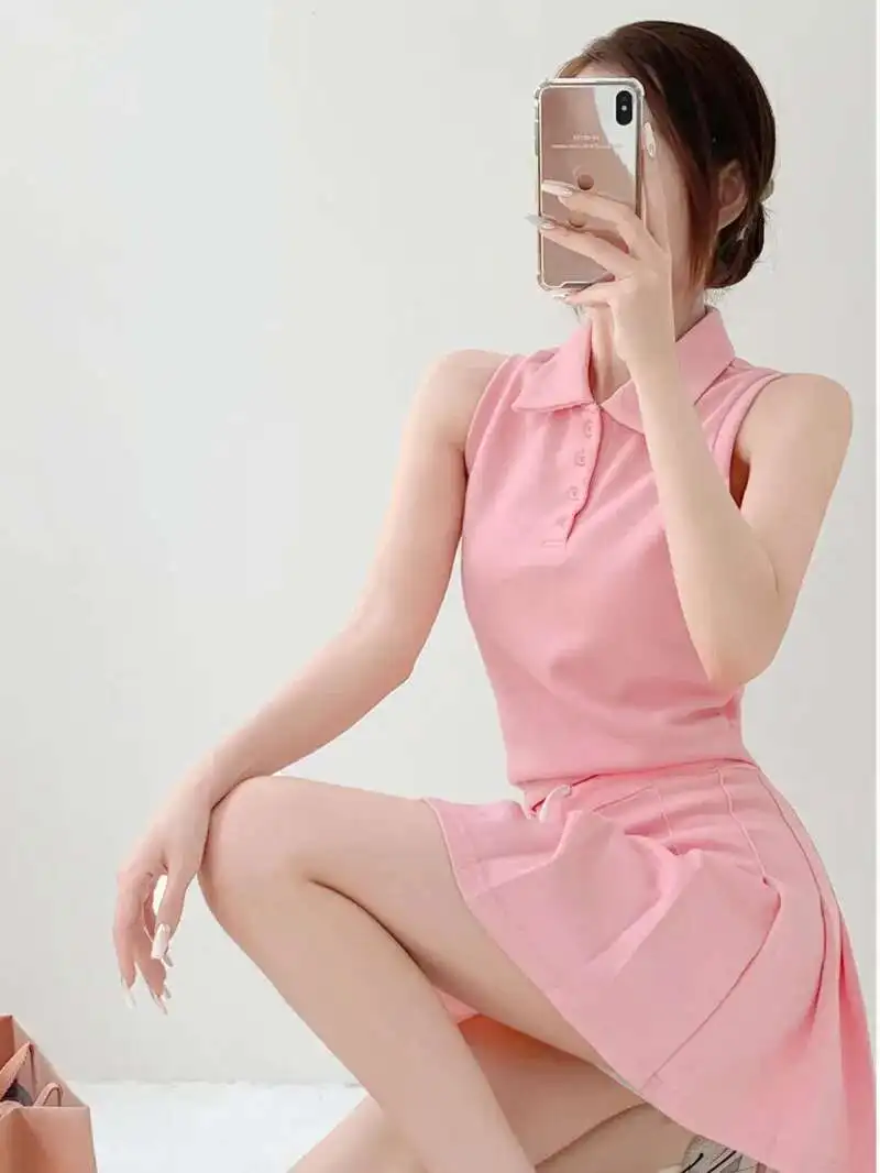 

French 2024 Summer Style POLO Collar Single Breasted Sleeveless T-shirt+High Waist Drawstring A-line Skirt Two Piece Set LV3A