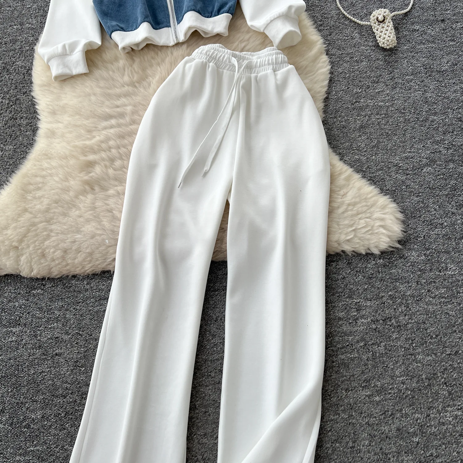 Two Piece Pant Sets Women Denim Spliced Coats Casual Zipper Stand Collar Cardigan Wide Leg Pants Office Lady Autumn 2025