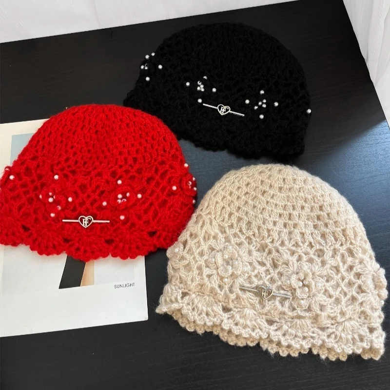 Böhmischer Stil, handgemachter, gehäkelter, hohler Pullover, Wintermütze für Damen, Sommer- und Herbstmütze mit Perlenverzierung, Kuppel-Skull-Beanie. – Detail 4