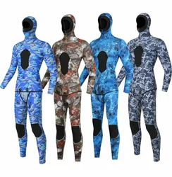 3mm Neoprene Camouflage Wetsuit Scuba Spearfishing Men Hooded Diving Suit 2 Pieces Set Winter Deepwater Thermal Swimsuit