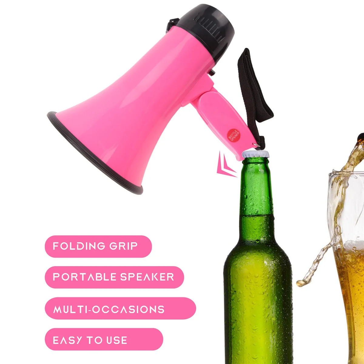 ลำโพงโทรโข่งขนาดกะทัดรัด25วัตต์พร้อมไซเรนในตัวเครื่องบันทึกเสียงที่เปิดขวดสีชมพู