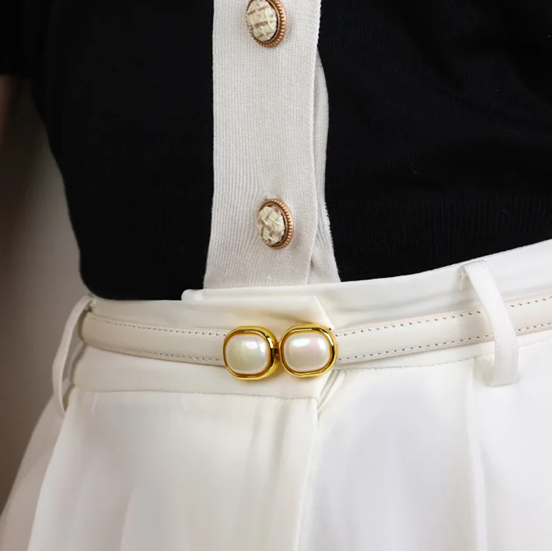 Glossy Pearl Genuine Leather Women's Belt with Thin Waist Decorative and Skirt Waist Buckle Woman Belts