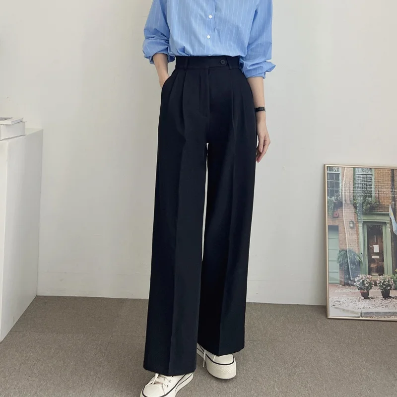 하이웨이스트 여성 정장 바지 한국 스타일 디자인 감각적인 와이드 레그 팬츠 봄 신상 캐주얼 바지
