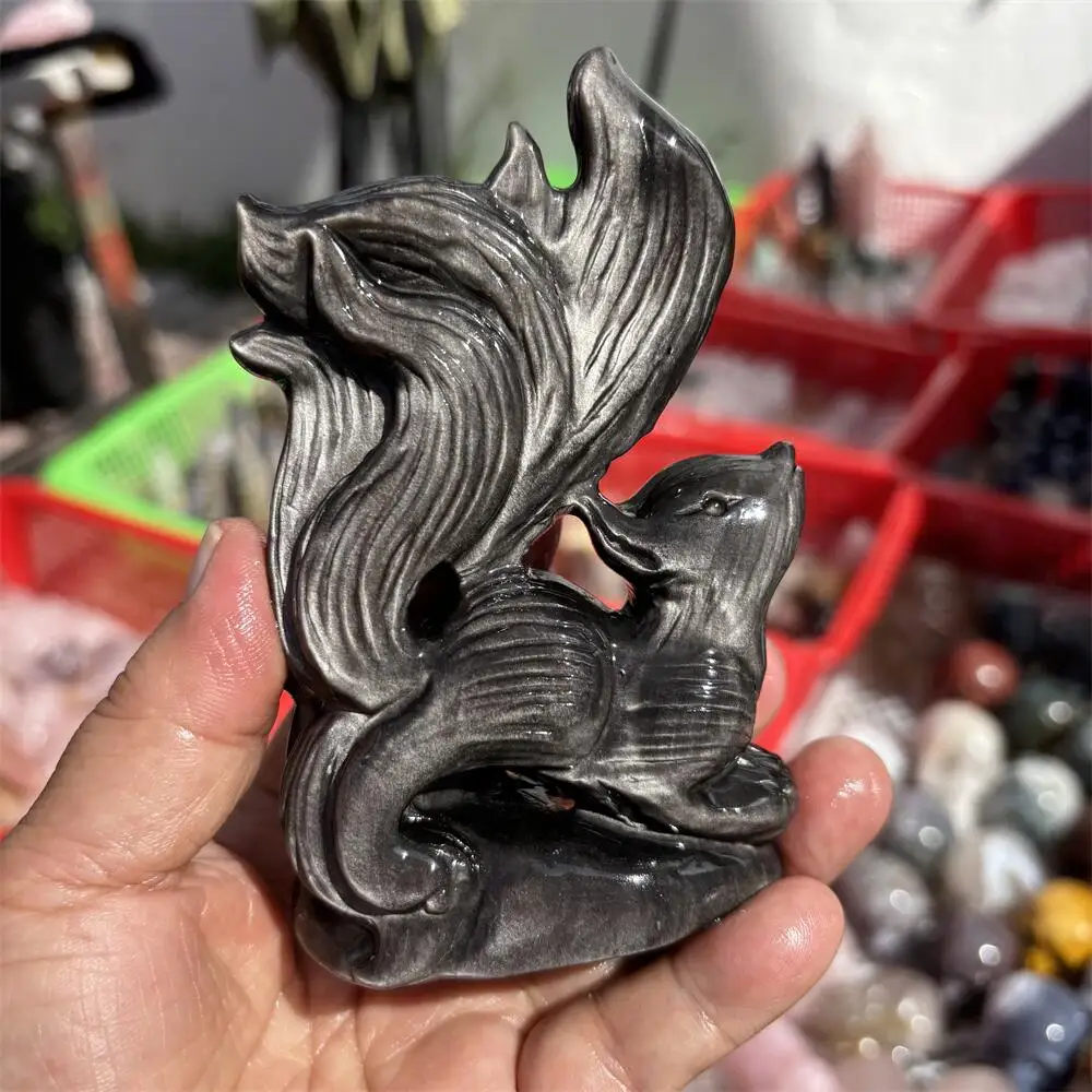 1PCS Natural Silver Obsidian Nine-Tailed Fox Polished Animal Carving Reiki Healing Fengshui High-Quality Room Decor Energy Gift
