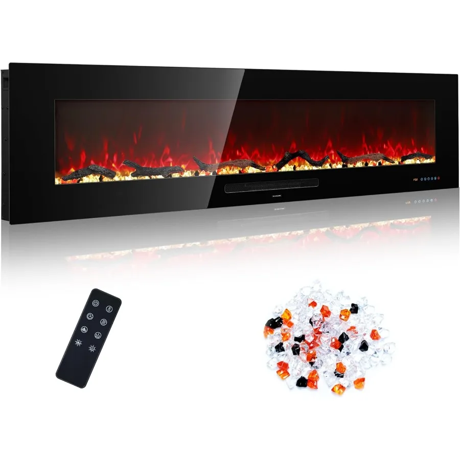 

60 inch Recessed and Wall Mounted Electric Fireplace with Remote Control and Touch Screen Interface Builtin Heater Featuring Ti