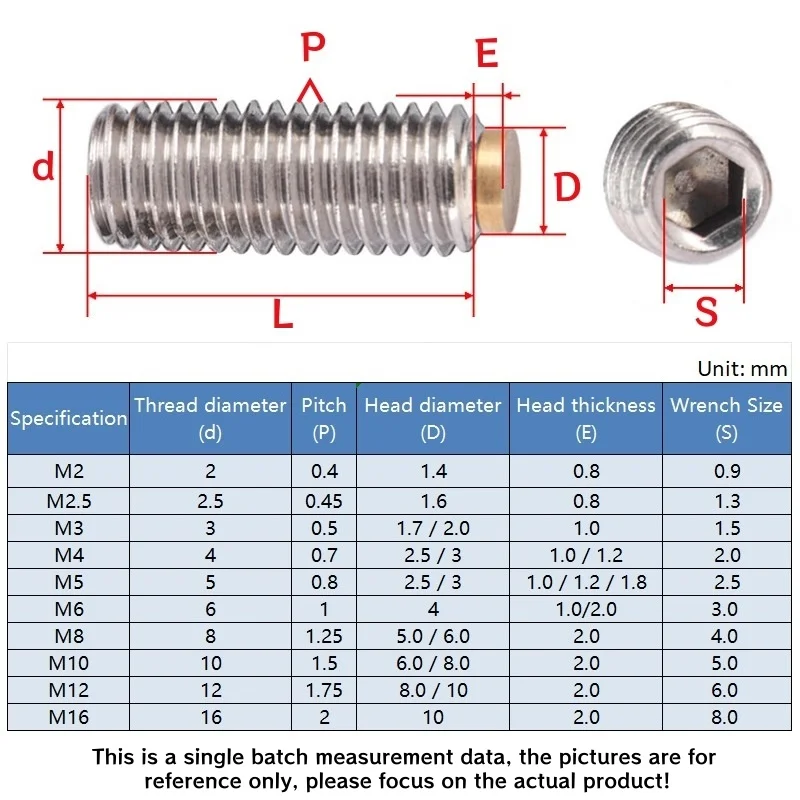 M10 M12 M16 A2 Stainless Steel with Brass Tip Point Headness Grub Set Screw 10mm 12mm 16mm Machine Meter Buffer Screw