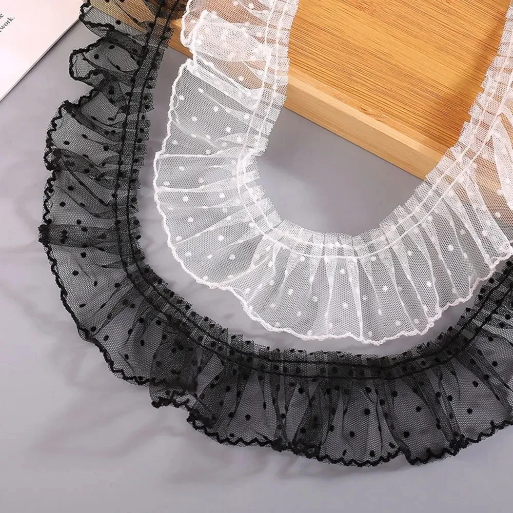 Decoration Material Black/White Mesh Lace Trim Vintage DIY Polka Dot Mesh Ribbon Tulle Soft Pleated Lace Trim Cuffs