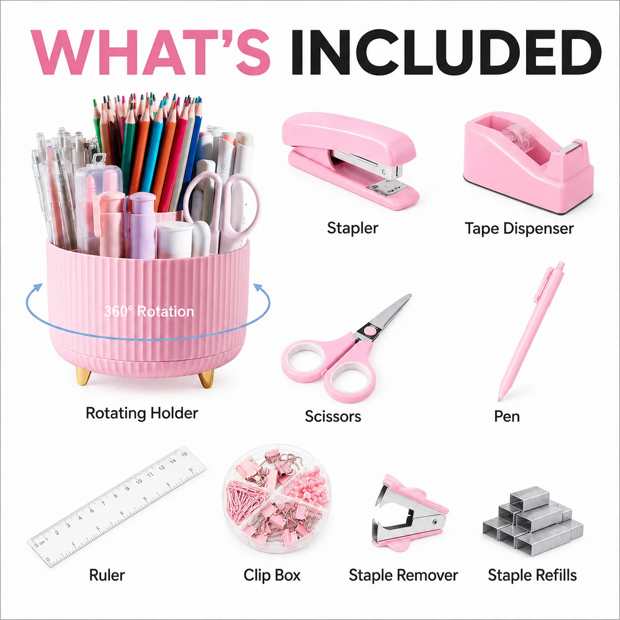 360 Degree Rotating Pen Holder Desk Set with Stapler Tape Dispenser Punch and Scissors, Multi Color Stationery Organizer for