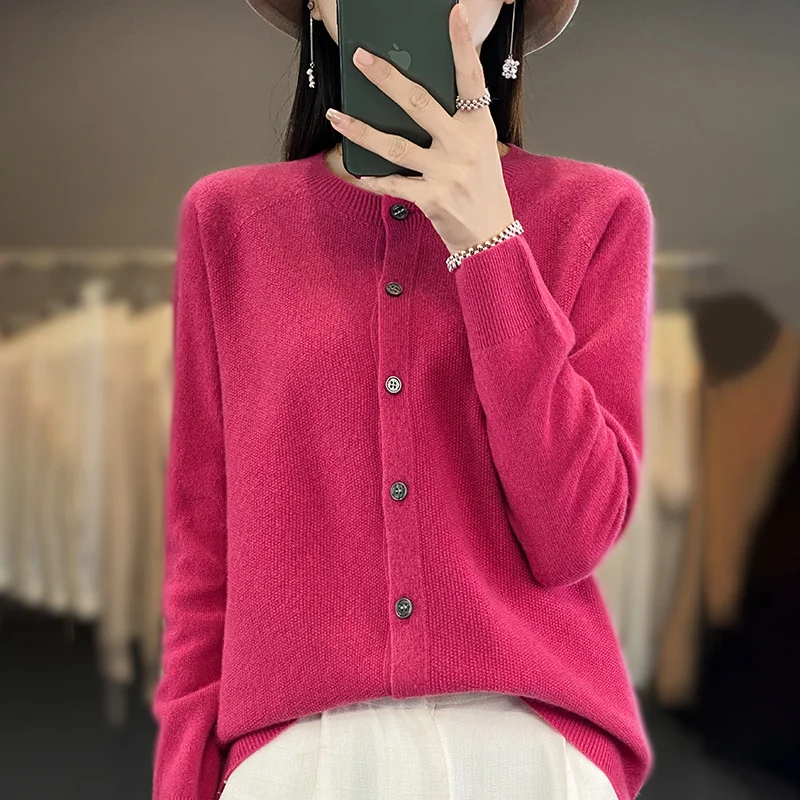 Autumn and winter 100% merino wool long sleeve knitted cashmere sweater ladies knitted O-neck cardigan loose solid color coat