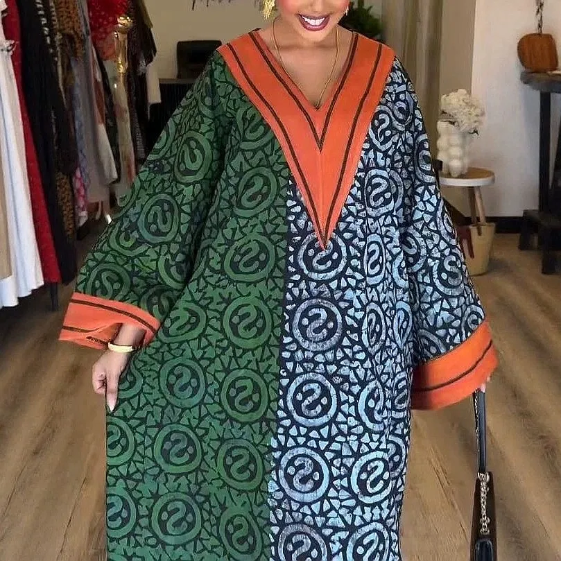 Tunic Dress V Neck Long Sleeve Digital Print Color Block Long Dresses Spring Summer Maxi Dresses