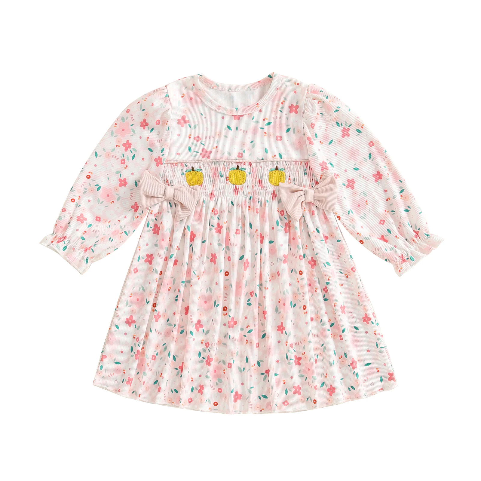 

Костюм на Хэллоуин для девочек, платье с длинными рукавами и круглым вырезом, платье с цветочной вышивкой и тыквой для детей, праздничный наряд