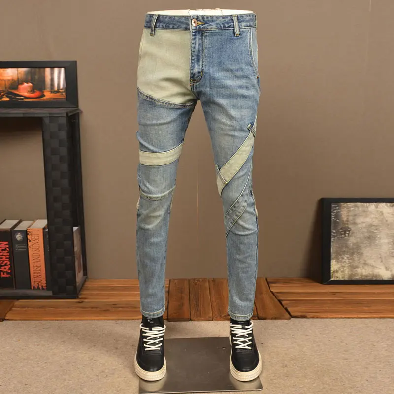 

High Street Fashion Men Jeans Retro Washed Blue Stretch Slim Fit Patched Ripped Jeans Men Spliced Designer Hip Hop Denim Pants