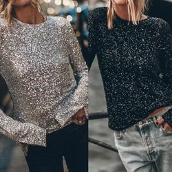 Women's S-XL Size European and American autumn and winter new party sequin long sleeved round neck shirt INS casual loose