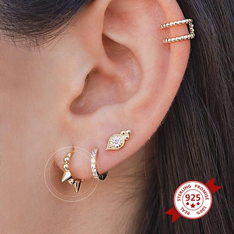 925 Sterling Silver Ear Needle Punk Rivet Dangle Earrings for Women Minimalist Crystal Hoop Earrings Fashion Jewelry Accessories view 4