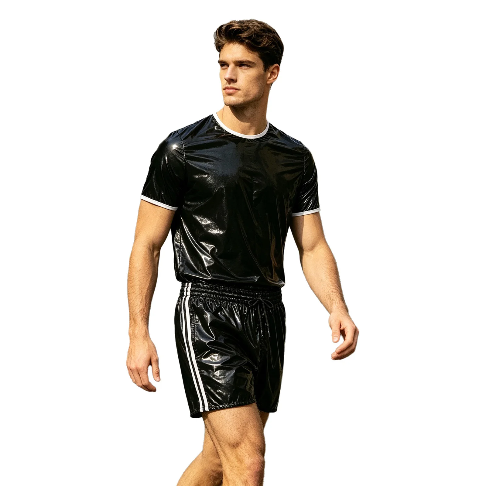 Men Waterproof Sauna Outfit Vinyl Glossy Sweat Suit Tracksuit T-shirt Top with Built-in Briefs Boxer Shorts for Fitness Training