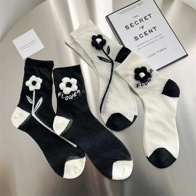 Women Socks Thin Fashion Casual Summer Hollow Girls Cute Socks Korean Style Flower Sweet Cotton Long Mesh Socks Breathable Basic