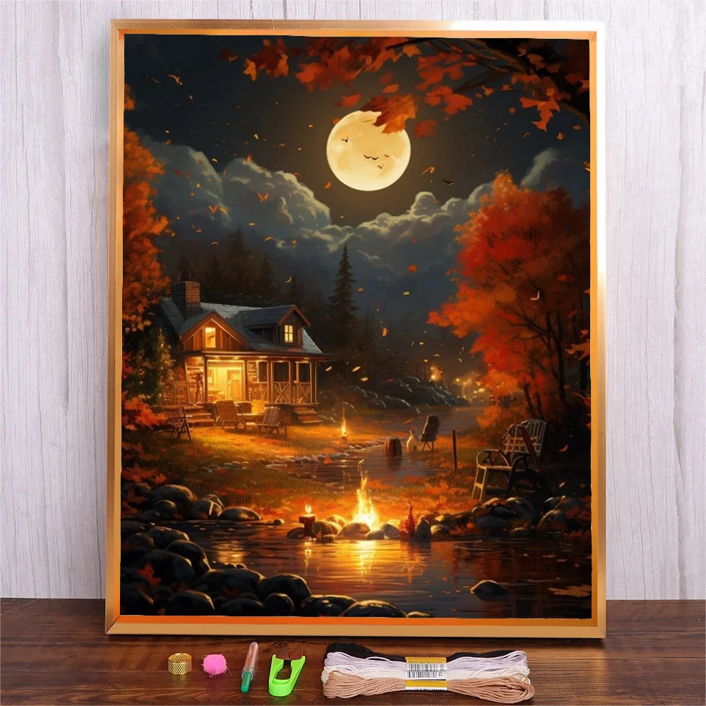 

Cotton Thread Cross Stitch Embroidery Kit DIY Hand Embroidered Home Decoration Autumn Night Prints Embroidery 11CT Needlework