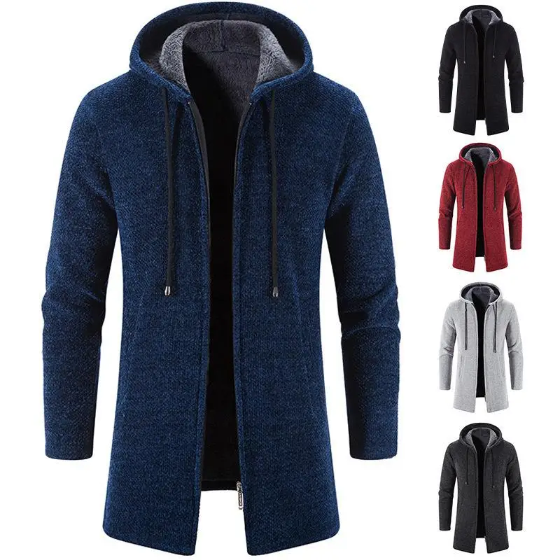 Men's Hooded Sweatirt mid to Long Size plus Sweater Knitted Cardigan Casual Long Sve round Ne Deformable