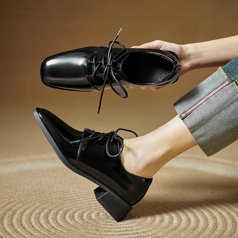 2026 spring summer women pumps natural leather plus size 22-25.5cm cowhide+pigskin square toe lace-up thick heel women shoes