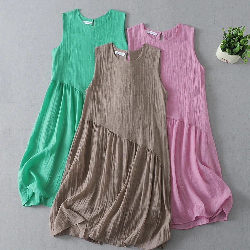 

Pure Color Thin Summer Loose Fit Vest Dress Sleeveless Cotton Linen Midi Skirt Cherry Blossom Pink Chinese Style Women's Dress