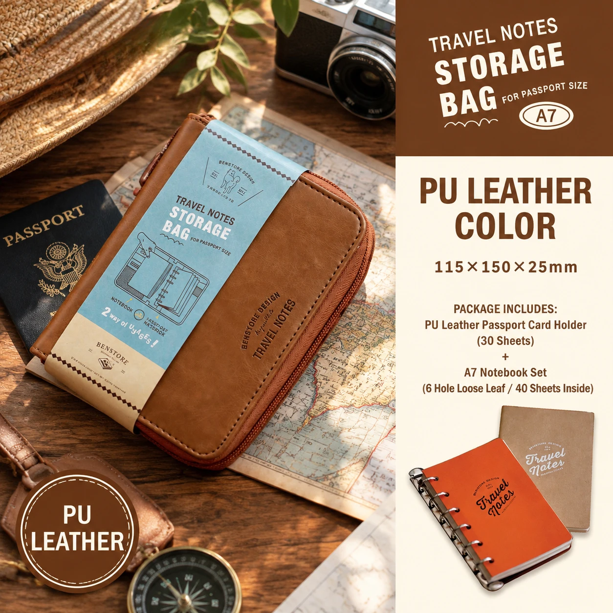 Vintage Leather Zipper Bag Journal A7 Travel Planner Storage Bag Multi Pocket Card Slot Case for Stickers Tickets Stationery
