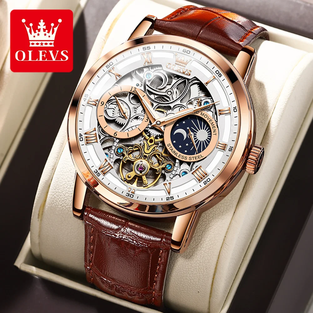 OLEVS Men's Watches Flywheel Hollow Out Full-Automatic Mechanical Wristwatch For Men Waterproof Genuine Leather Moon Phase Watch