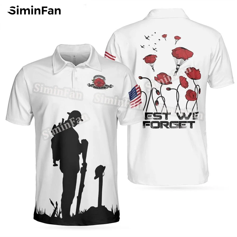 Lest We Forget Veteran Mens Polo T-Shirt Short Sleeve 3D All Over Printed Male Lapel Tennis Shirts Unisex Summer Tee Female Top