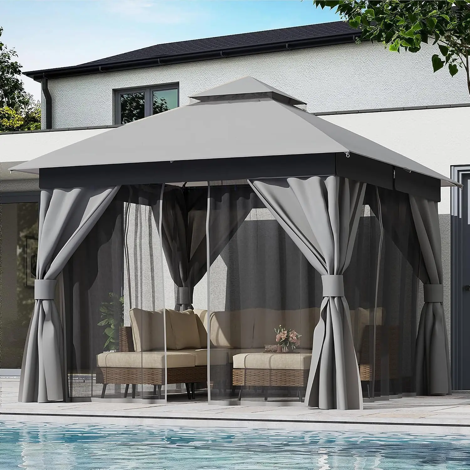 Heavy Duty Patio Gazebo 10'x10' Party Tent with Double Roofs, Mosquito Netting & Privacy Screens for Backyard, Customized