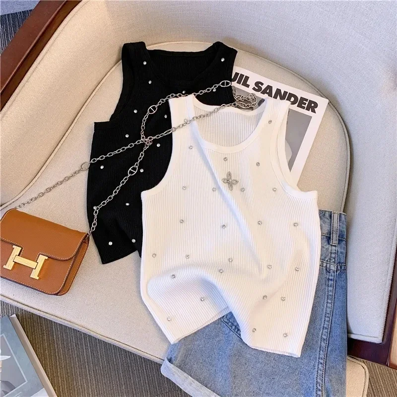 Summer Women's Beading Tank Top Embroidered Flares Tank Top Chic Diamonds O-Neck Design Slim Sleeveless Camisole