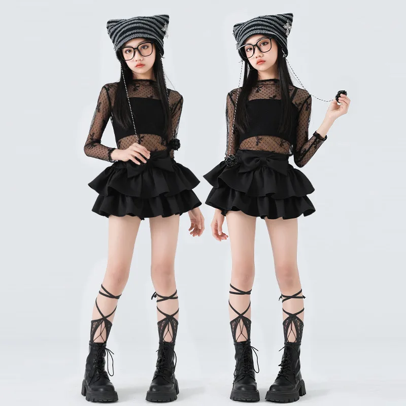 Costume da ballo jazz per ragazze Top in rete di pizzo nero Gonna Catwalk Concerto Bambini Stile Kpop Abbigliamento da strada Abiti da spettacolo