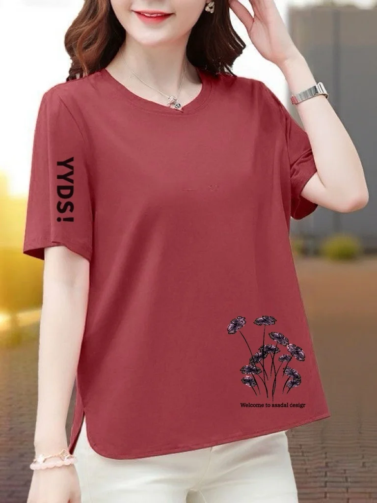 

Loose Short Sleeve T-Shirt Women's Summer Letter Print Asymmetric Top Conceals Belly Flatters plus Size Casual Wear