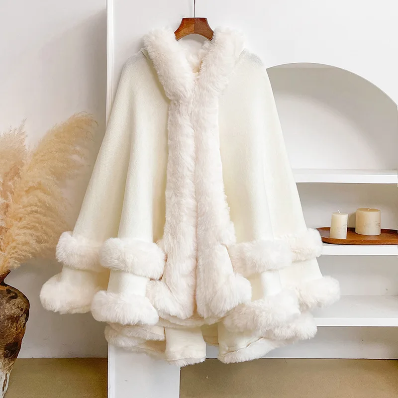 Damen Cape-Mantel mit Kunstfellbesatz, Kapuze, lockerer Poncho-Umhang, eleganter, warmer Strick-Schal, Winter-Oberbekleidung für Abendpartys – Detail 7
