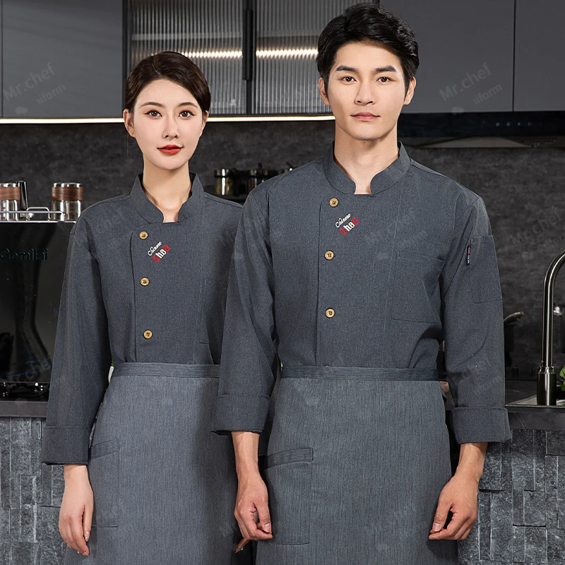 grey Hotel chef coat long sleeve chef jacket T-shirt chef uniform restaurant Cook uniform Bakery Breathable Cooking clothes logo