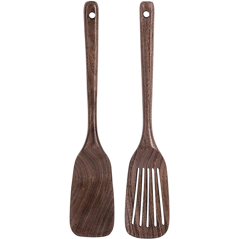 

HOT SALE Wooden Spatula&Slotted Spatula For Cooking,Black Walnut Long Handle Wood And Slotted Turner For Non-Stick Cookware