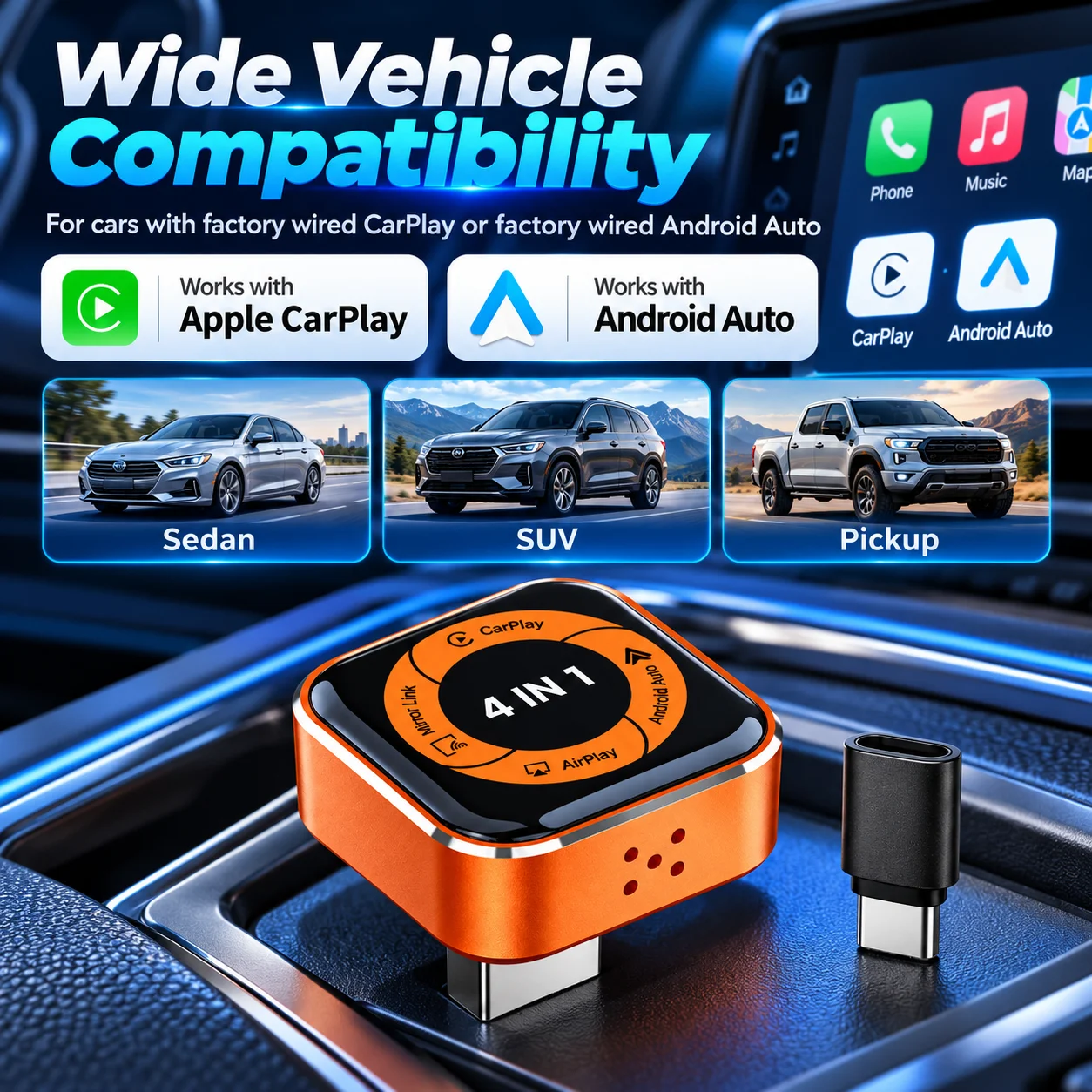 2027 4in1 Wireless CarPlay Adapter for Apple CarPlay Android Auto AirPlay MirrorLink Wired to Wireless USB C Mini Plug and Play