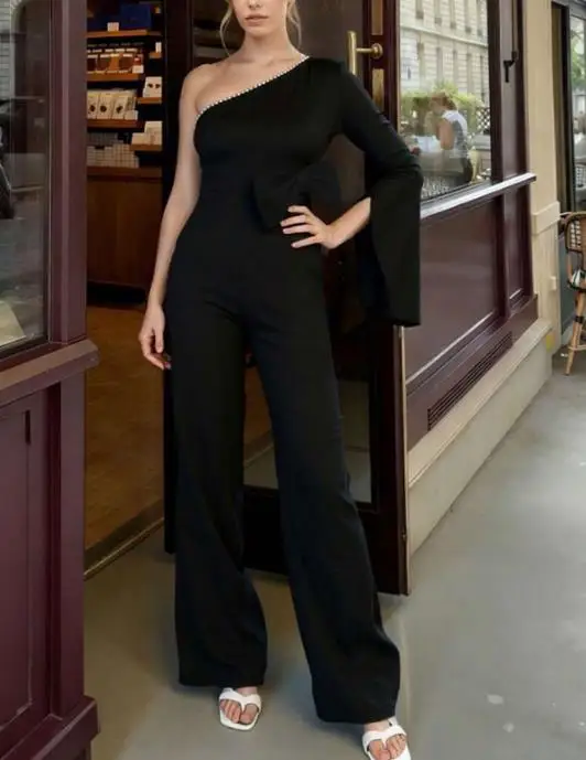 

Jumpsuit Women 2026 New Fashion Single-Sided Off Shoulder Slanted Neck Pearl Trimmed Straight Leg High Waist Commuting Jumpsuit