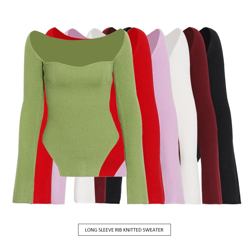 

Autumn Winter Sexy Slim Fit Irregular Shoulder Bared Knitted Top Women's Base Layer Fashion Design Unique Style Long Sleeve