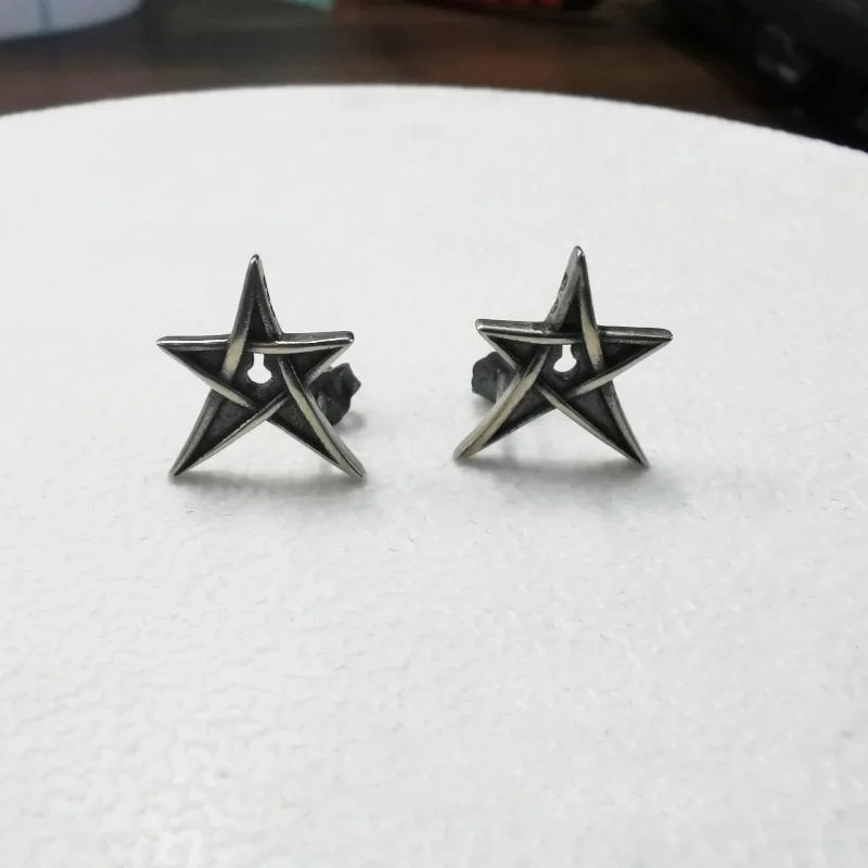 2024 New 100% Truly Antique 925 Sterling Silver Stud Earrings Five-Pointed Star Earrings For Women Unisex Hiphop Rock Jewelry