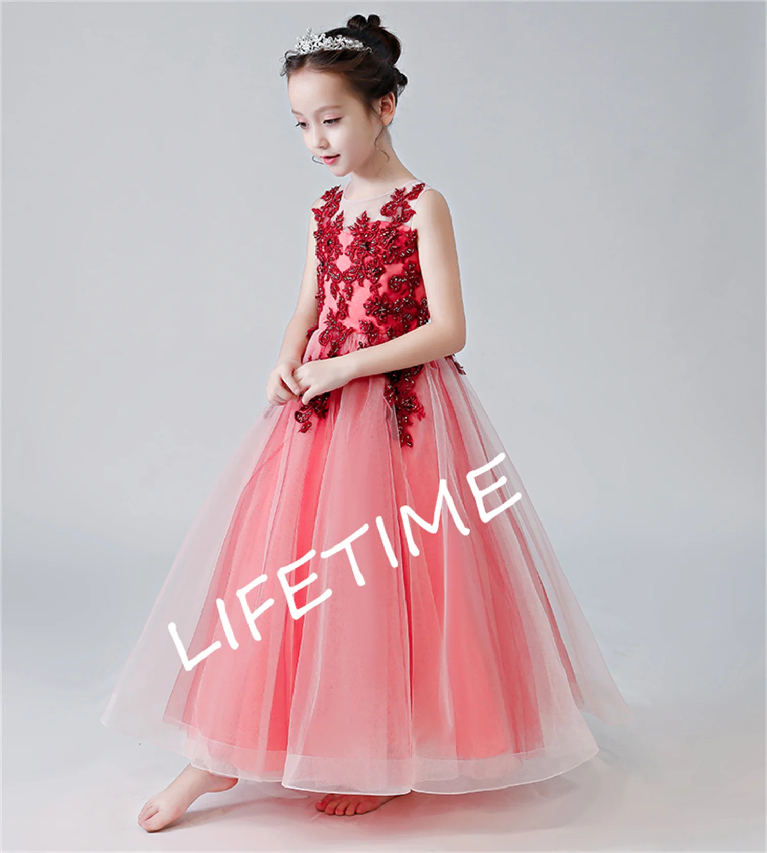 Vestidos sem mangas Red Tulle Lace Applique para meninas, florista, festa de aniversário infantil, vestidos de concurso, primeira comunhão, elegante