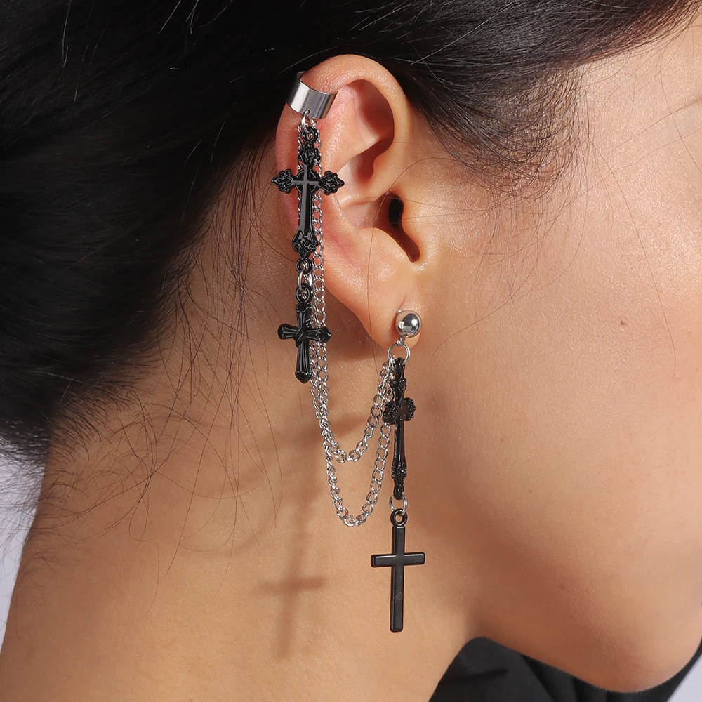 Aihua 1pc Punk schwarz Kreuz Quaste Ohrringe Frauen Clip Ohr stecker Christian Gothic Hip Hop Schmuck Metall kette Ohrring Ohrring – Detail 5