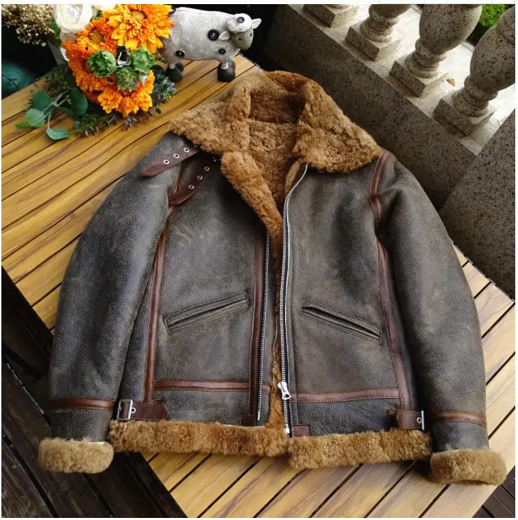 YR!Free shipping.Wholesales.Thick winter warm 100% fur jacket.Air force B3 tpye genuine shearling coat.Men real wool cloth.