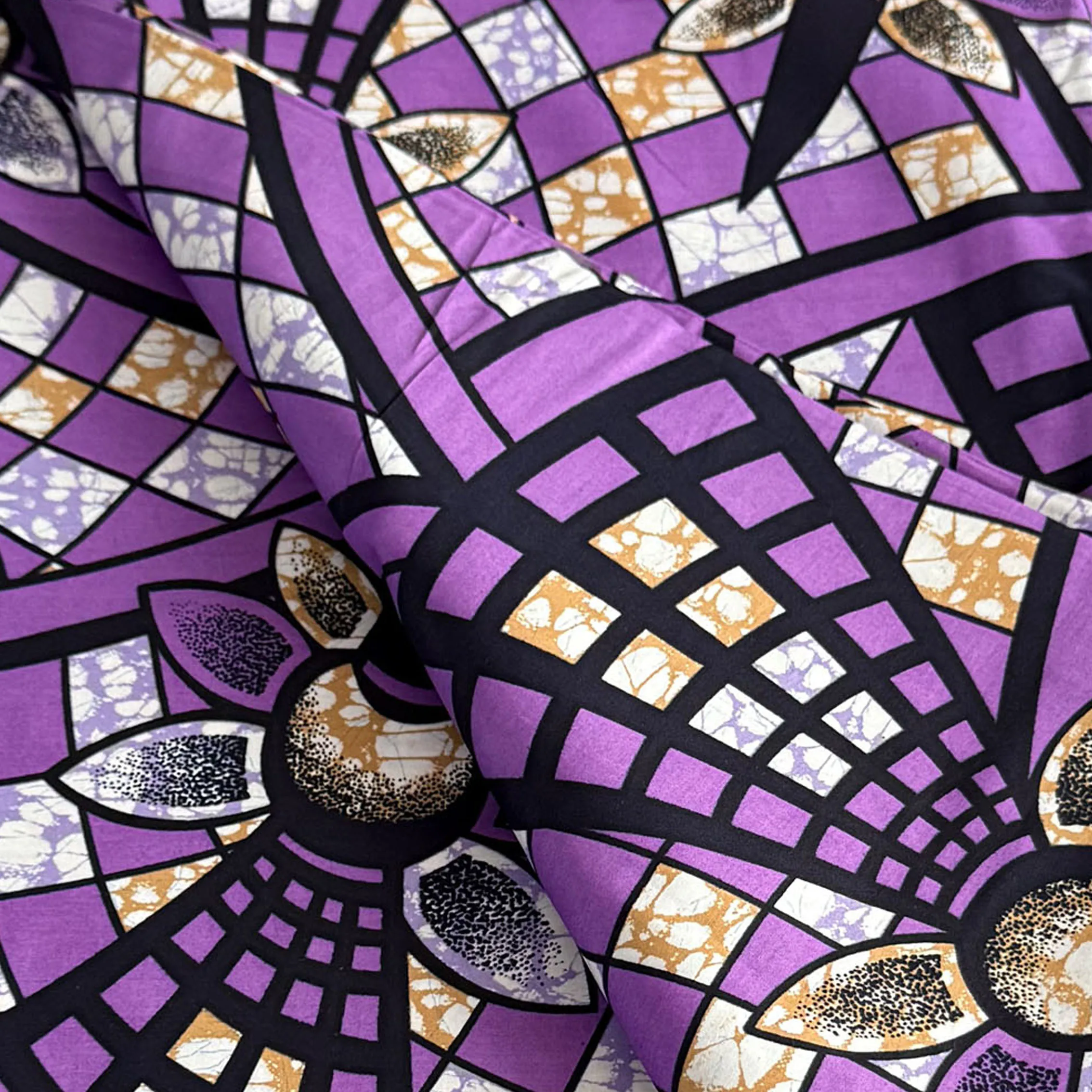 African Real Wax Print Fabric 100% Cotton Ankara Purple Black Geometric Flower Pattern 6 Yards Dutch Style Batik Pagne for Women