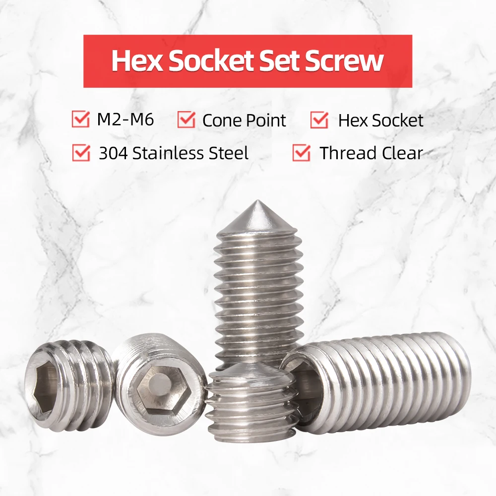 

Hexagon Socket Set Screws With Cone Point M2 M2.5 M3 M4 M5 M6 Headless Allen Screw 304 Stainless Steel For Hex Socket Wrench