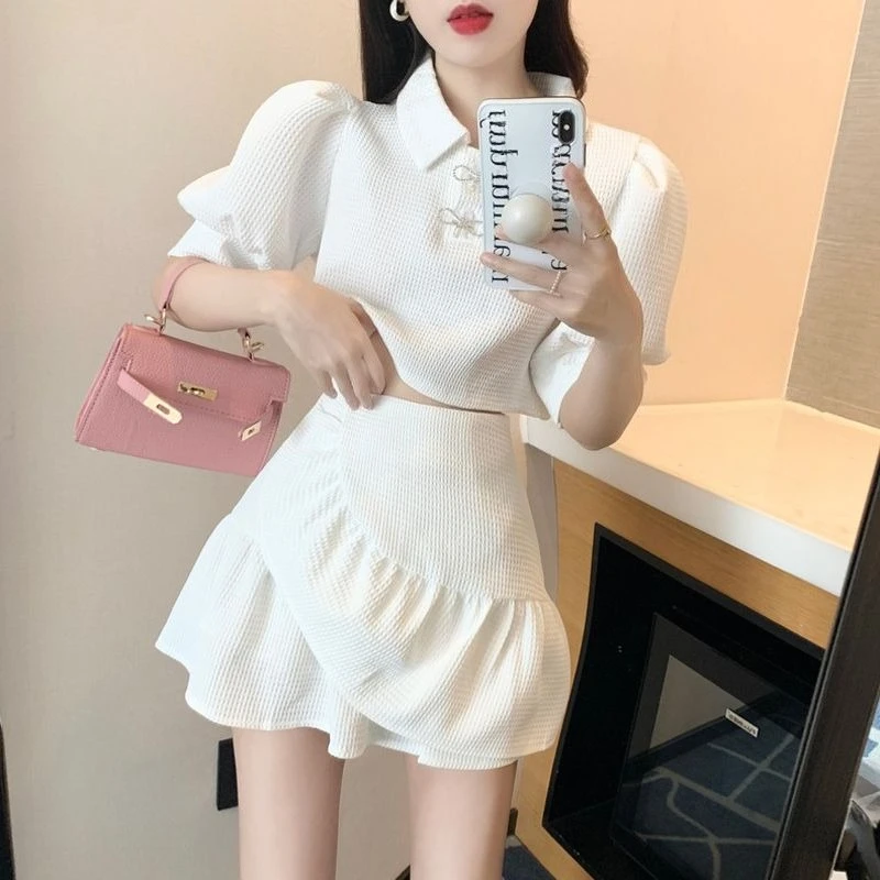 

White Women Summer Two Piece Dress Set Puff Sleeve Polo Shirt Ruffle Short Skirt Simple Fashion Design